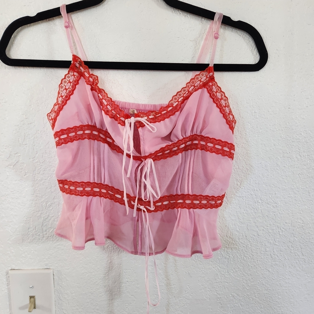 Y2K Urban Outfitters Kimchi Blue Ivy Pink Red Lace Babydoll Crop Top Valentines - Picture 2 of 8